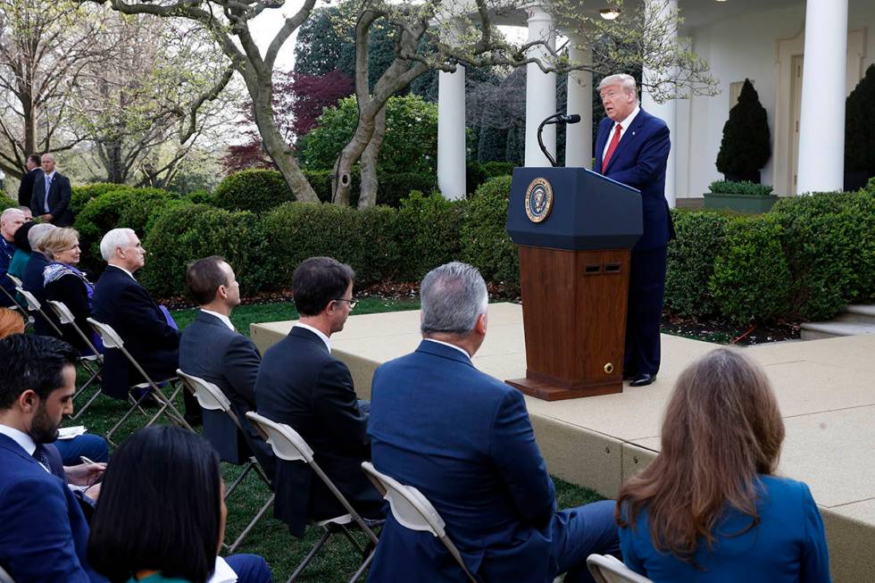 President Donald Trump speaks during a coronavirus task force briefing in the Rose Garden of th ...