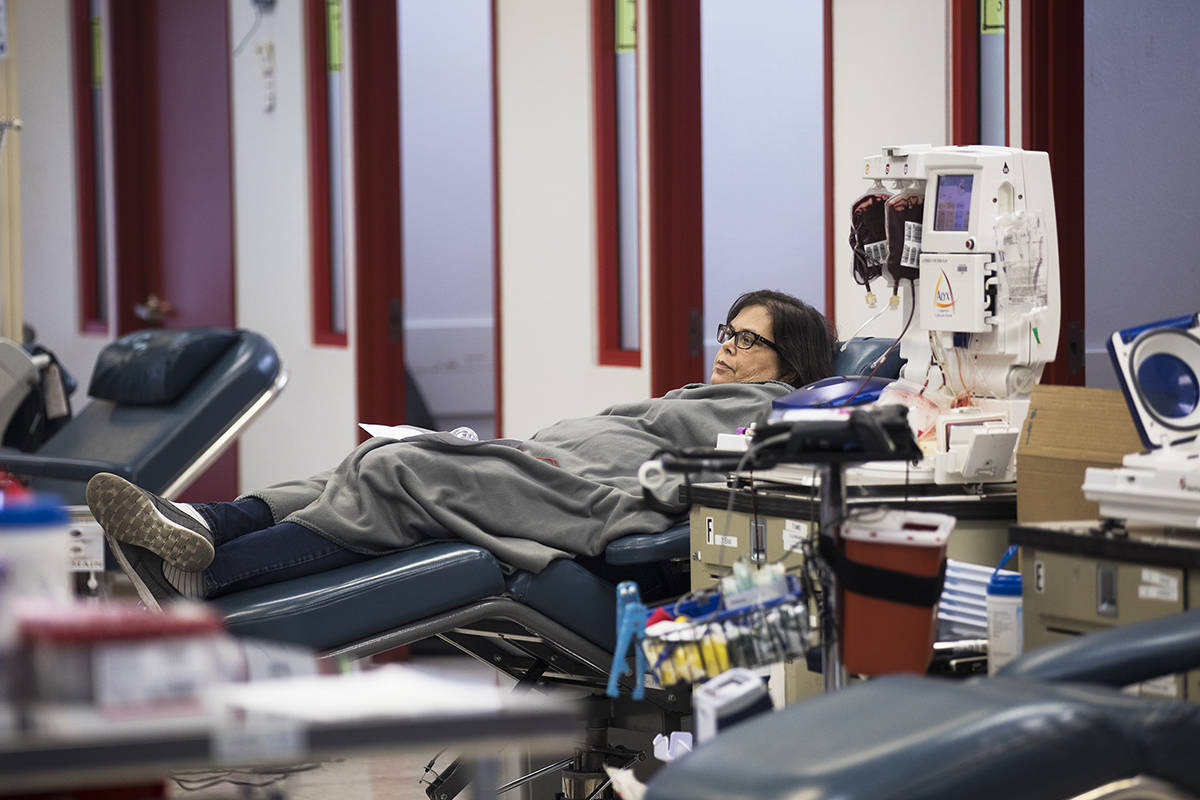 Kelly Groenlykke waits to give blood at Vitalant, a nonprofit that collects blood from voluntee ...