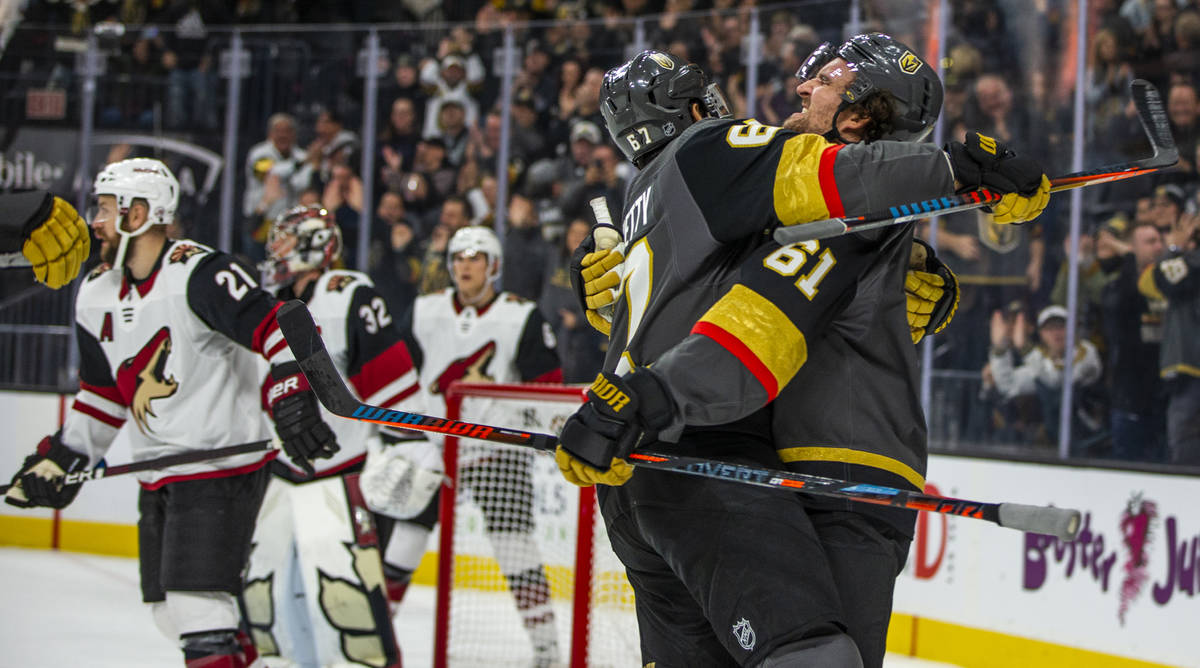 Vegas Golden Knights left wing Max Pacioretty (67, left) celebrates a goal by Vegas Golden Knig ...