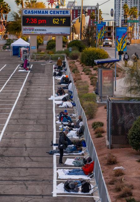 Homeless men settle in for the night with social distancing at the temporary shelter in the upp ...