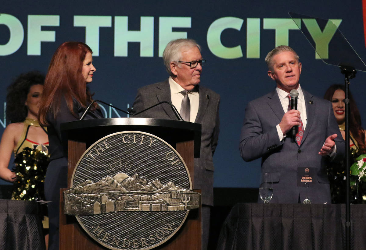 Golden Knights team president Kerry Bubolz, right, speaks as Golden Knights owner Bill Foley, ...