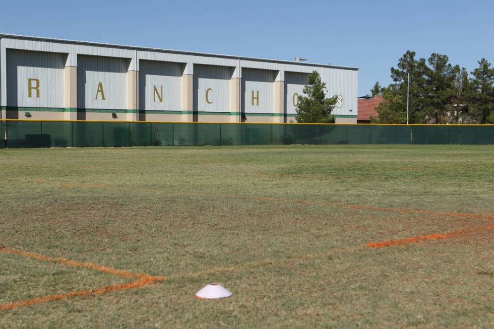 A look at the Rancho High School baseball field where lines were painted in the outfield so the ...
