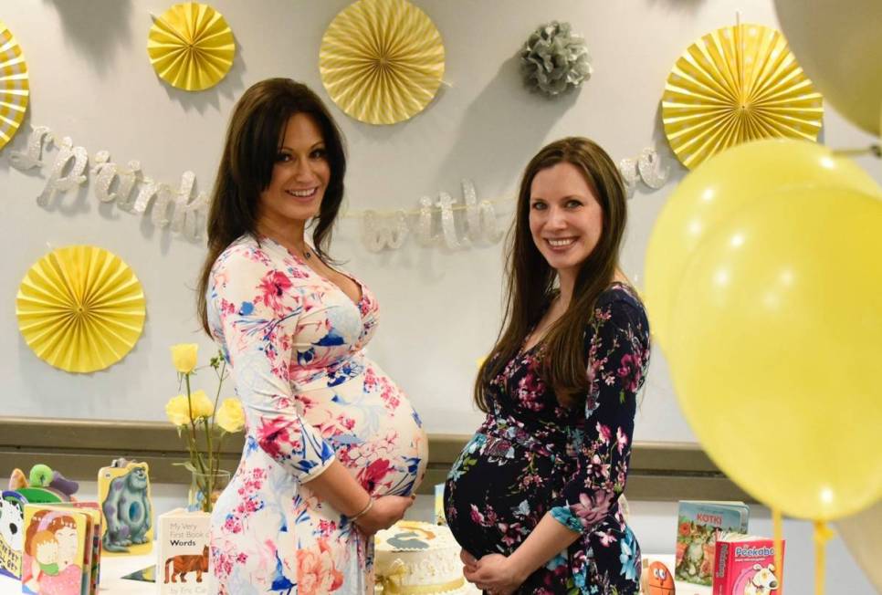 Kasia Gordon (left) and her sister Anita Mitchum at their joint "baby sprinkle" – or minishow ...