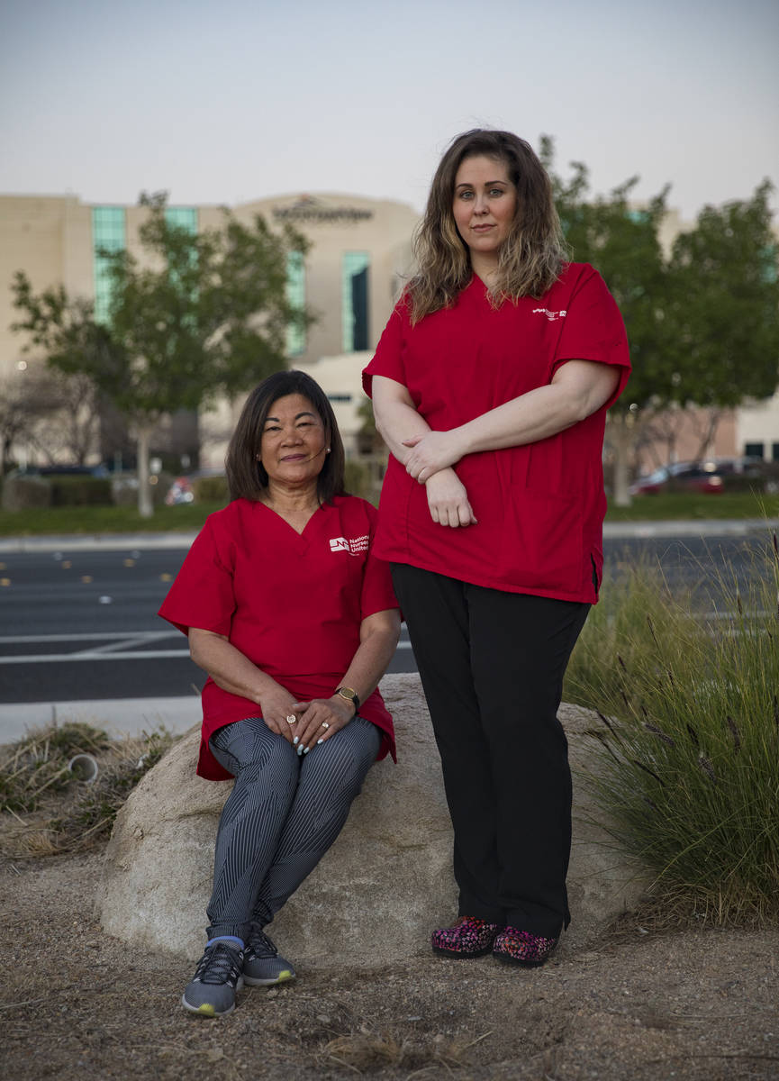 Dina Armstrong, a nurse and chief nurse for National Nurses Untied, left, and Nicole Koester, a ...