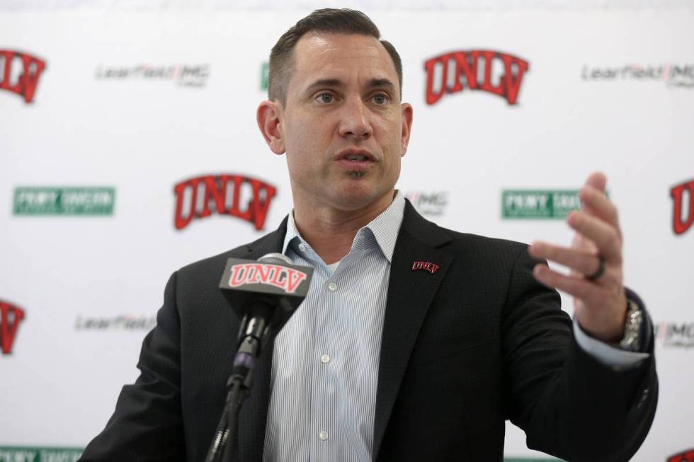 UNLV football head coach Marcus Arroyo announces his first recruiting class during a press conf ...