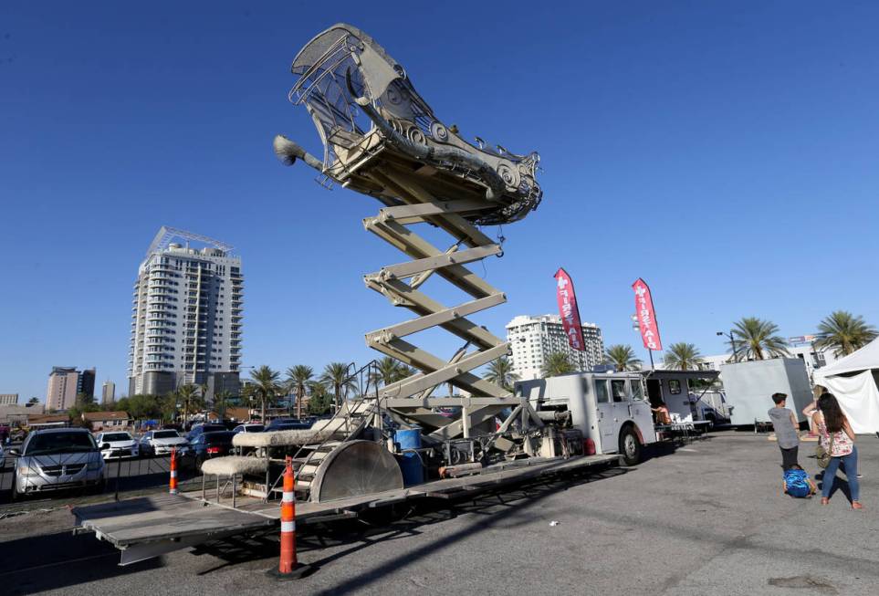 BalanceVille art car rises into the air at First Friday in the Arts District of downtown Las Ve ...