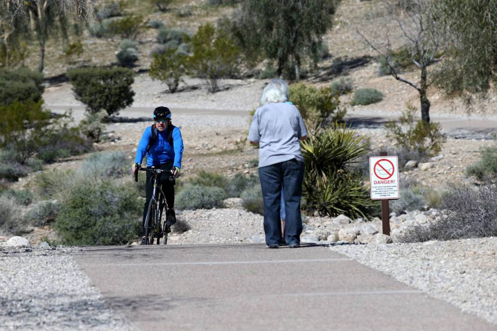 People exercise at Pueblo Park in Las Vegas Wednesday, April 1, 2020. (K.M. Cannon/Las Vegas Re ...