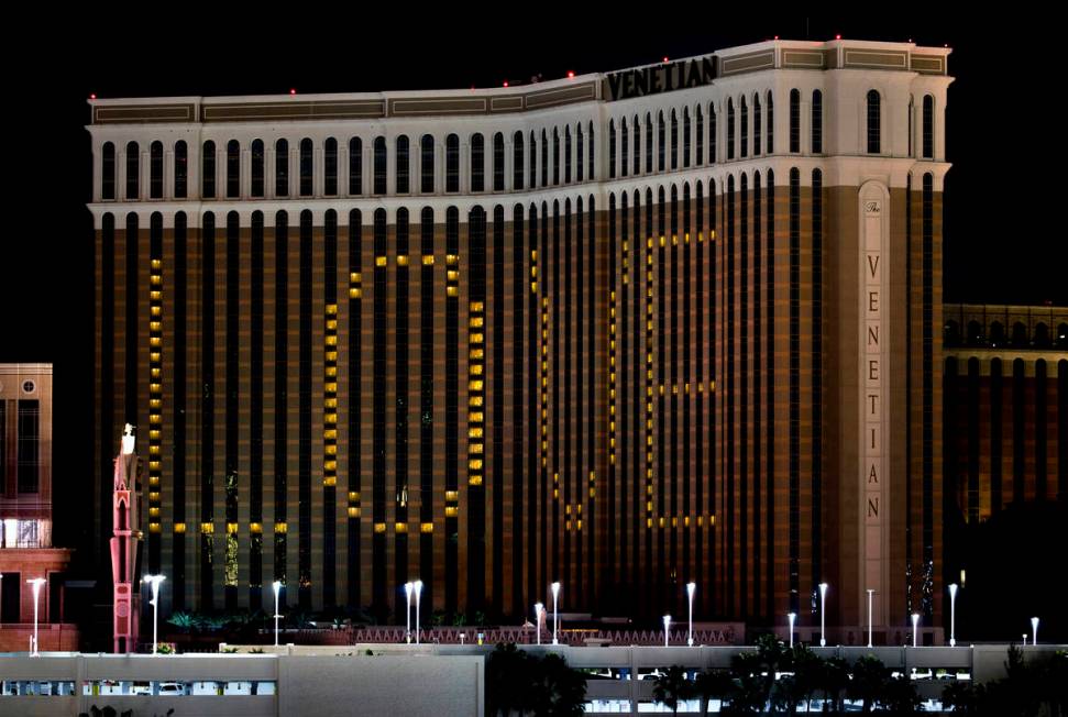 The exterior lights at Venetian and Palazzo are turned off in support of Earth Hour on Saturday ...