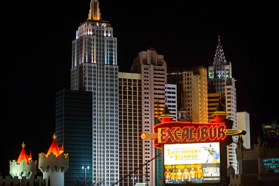 Lights through room windows are displayed at the New York-New York along the Las Vegas Strip on ...