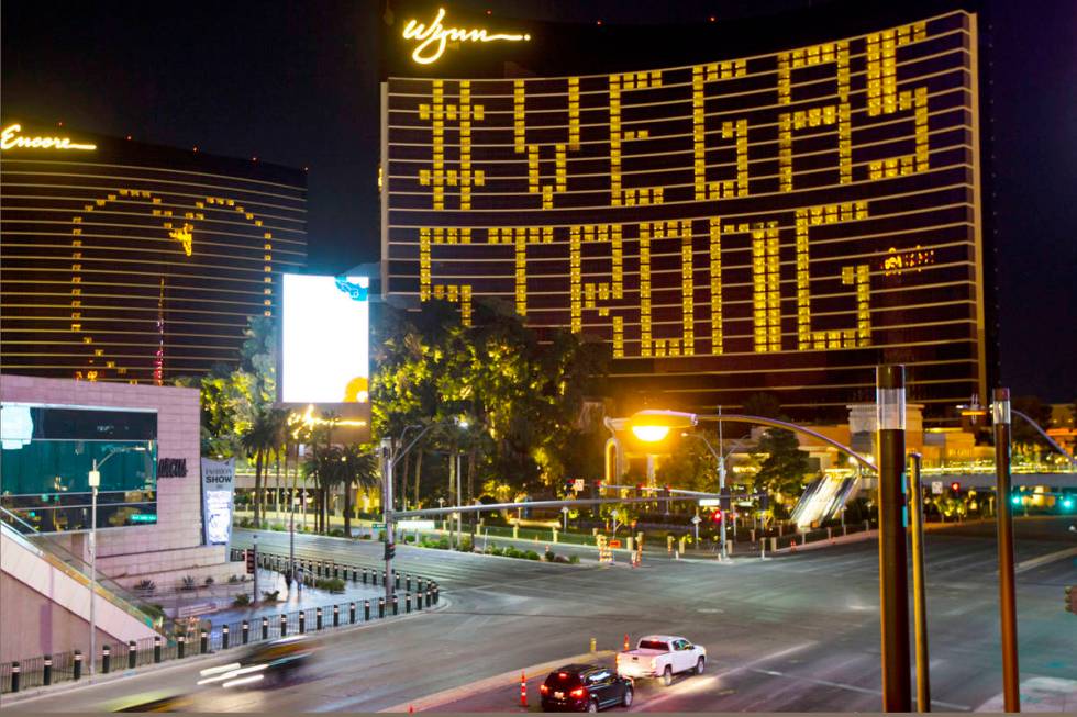 Lights through room windows are displayed at the Wynn Las Vegas along the Las Vegas Strip on We ...