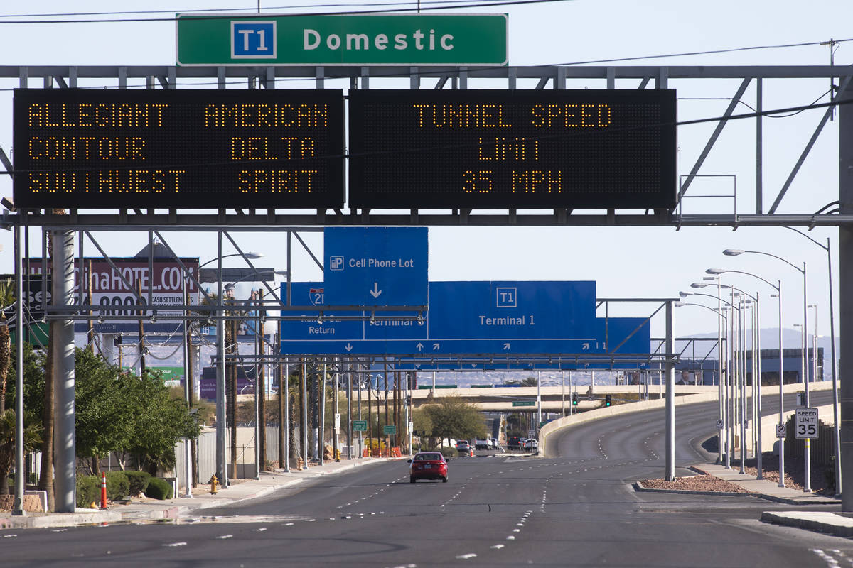 Traffic to McCarran International Airport is slow due to coronavirus on Wednesday, April 1, 202 ...