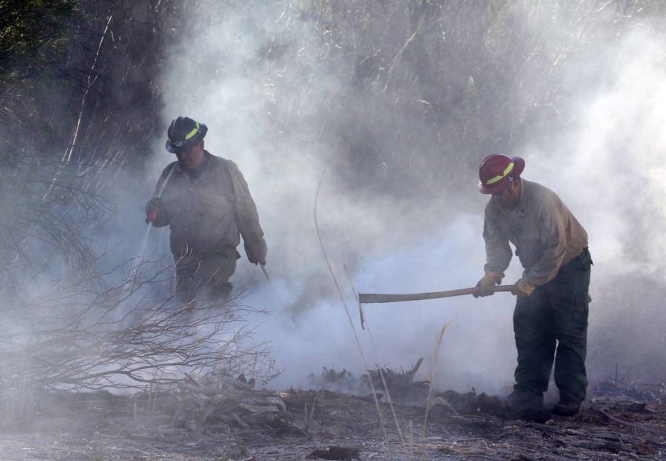 Firefighters from Nevada Division of Forestry Josh Gonzalez, left, and Raul Arroyo put out hots ...