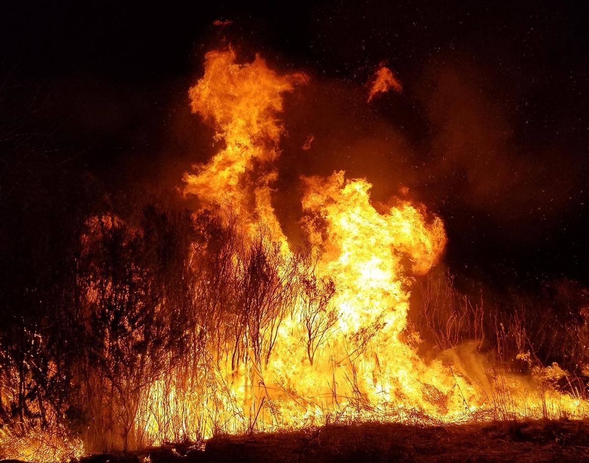 Clark County firefighters respond to a 10-acre fire in the preserve section of Wetlands Park in ...