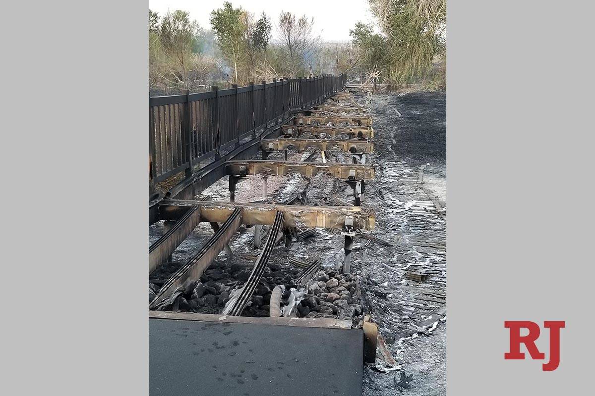 Fire damage to a birdge at Clark County Wetlands Park on Thursday, April 2, 2020. (Clark County ...