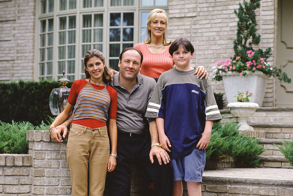 From left, Jamie-Lynn Sigler, James Gandolfini, Edie Falco and Robert Iler star in "The Soprano ...