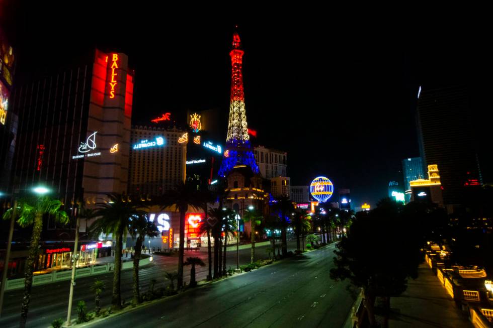 Special lights are displayed at the Eiffel Tower at Paris Las Vegas along the Las Vegas Strip o ...