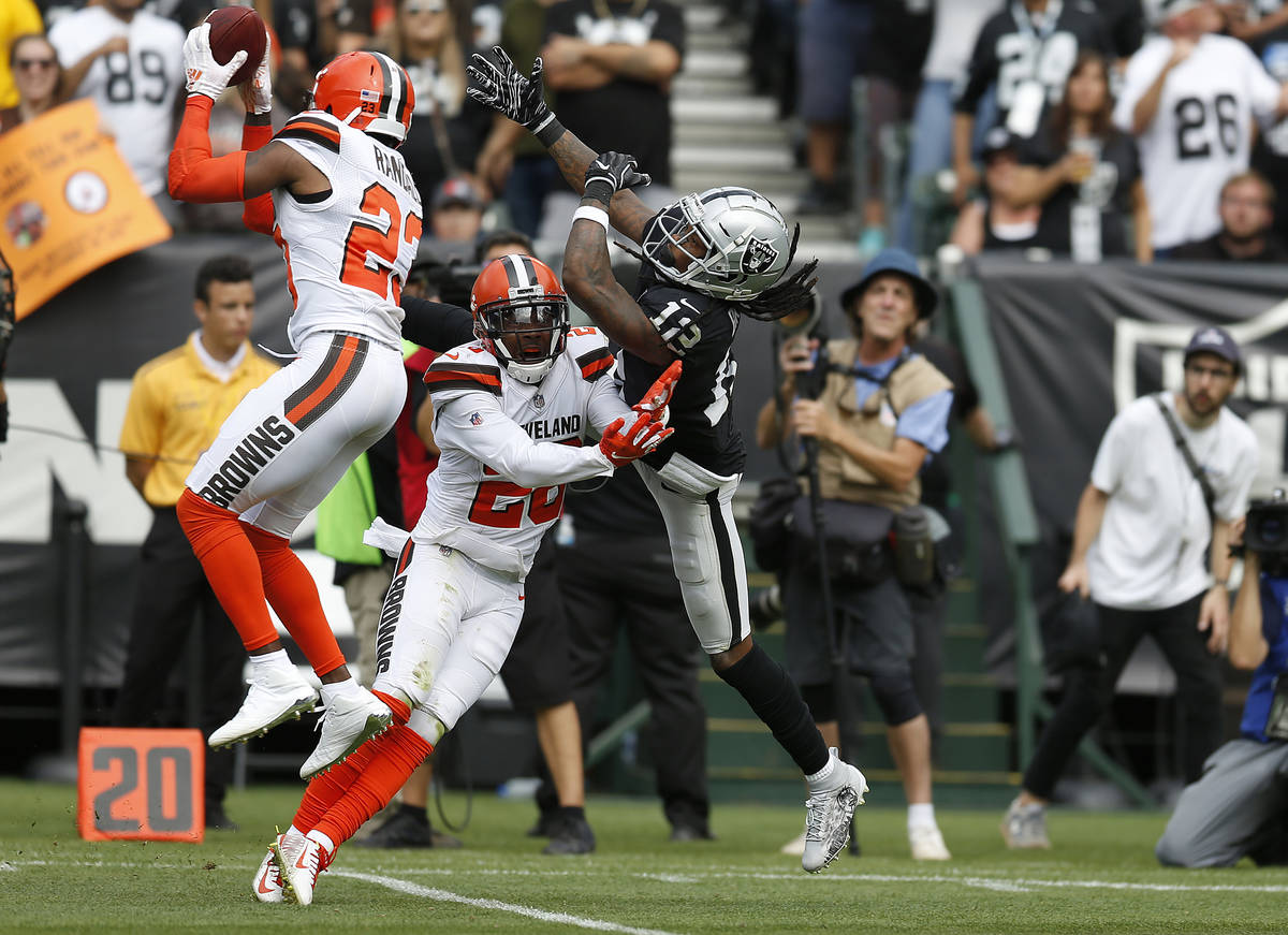 Cleveland Browns strong safety Damarious Randall (23) intercepts a pass intended for Oakland Ra ...