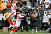 Cleveland Browns strong safety Damarious Randall (23) intercepts a pass intended for Oakland Ra ...