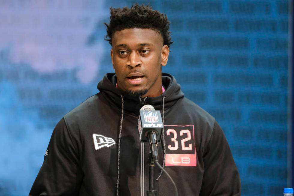 LSU linebacker Patrick Queen speaks during a press conference at the NFL football scouting comb ...