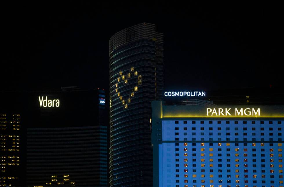 Aria displays signage showing support for Las Vegas during the coronavirus pandemic on Wednesda ...