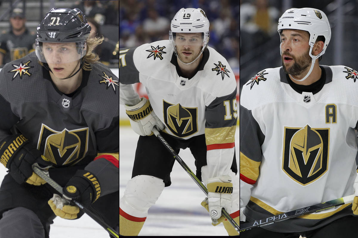 Golden Knights center William Karlsson, from left, defenseman Jon Merrill and defenseman Deryk ...