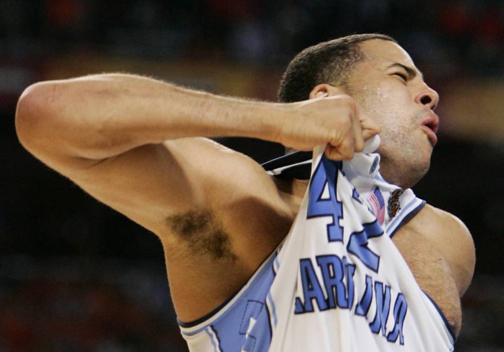 North Carolina's Sean May reacts after the Tar Heels beat Illinois 75-70 in the NCAA championsh ...