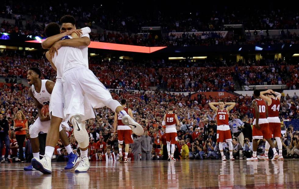 Duke players celebrate after the NCAA Final Four college basketball tournament championship gam ...