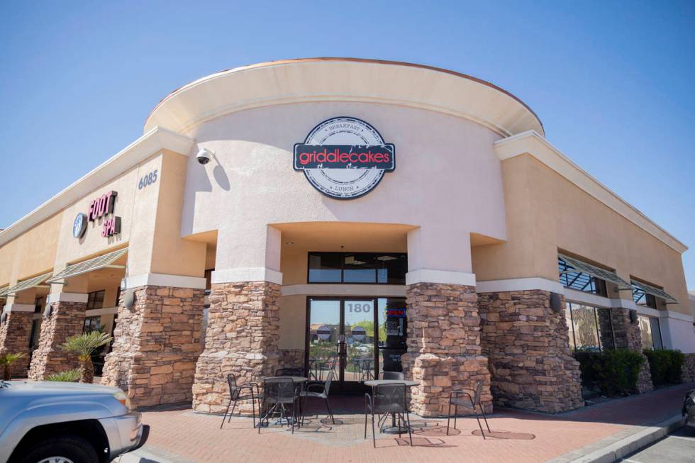 Griddlecakes located on S Fort Apache Road, is seen open for takeout, in Las Vegas on Friday, A ...