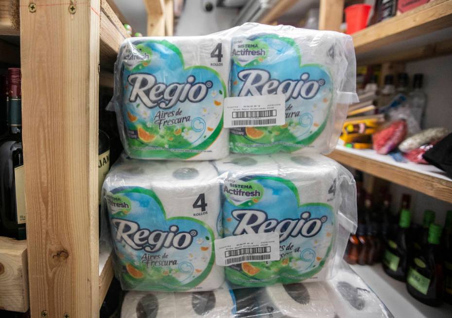 Back stock of toilet paper at Liquor Emporium on Tuesday, April 7, 2020, in Las Vegas. The busi ...