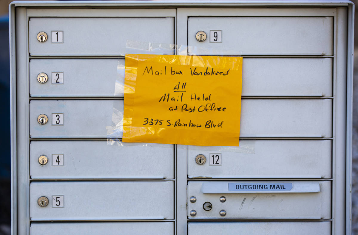 A vandalized mailbox near Twain Avenue and Fort Apache Road in Las Vegas on Tuesday, April 7, 2 ...