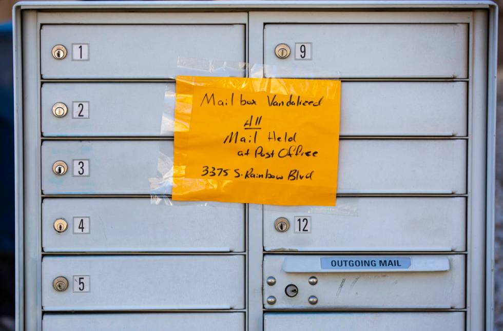 A vandalized mailbox near Twain Avenue and Fort Apache Road in Las Vegas on Tuesday, April 7, 2 ...