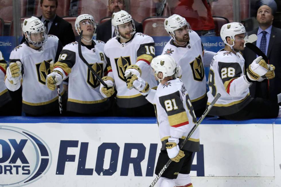 Vegas Golden Knights center Jonathan Marchessault (81) is congratulated after scoring a goal du ...