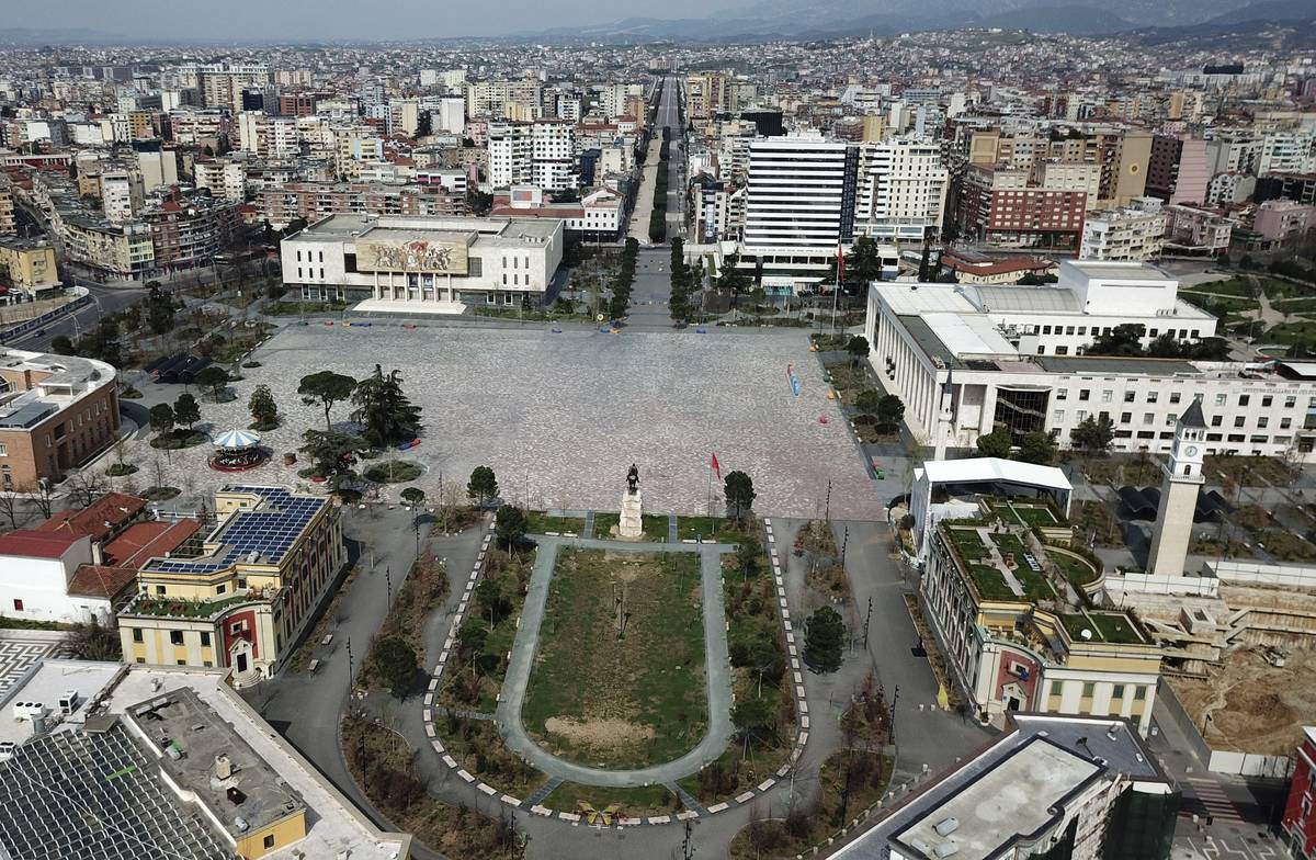 The empty Tirana's main Skanderbeg Square, is seen for above on Sunday, March 22, 2020. Albania ...