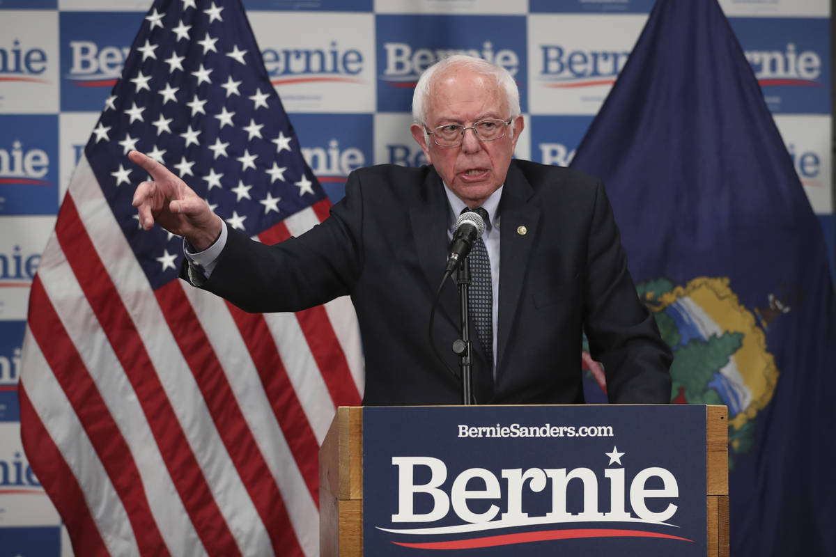 Democratic presidential candidate, Sen. Bernie Sanders, I-Vt., speaks to reporters about corona ...