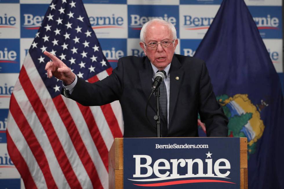 Democratic presidential candidate, Sen. Bernie Sanders, I-Vt., speaks to reporters about corona ...