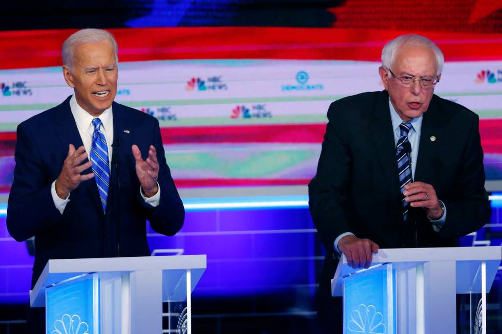 Democratic presidential candidates, former Vice President Joe Biden and Sen. Bernie Sanders, I- ...