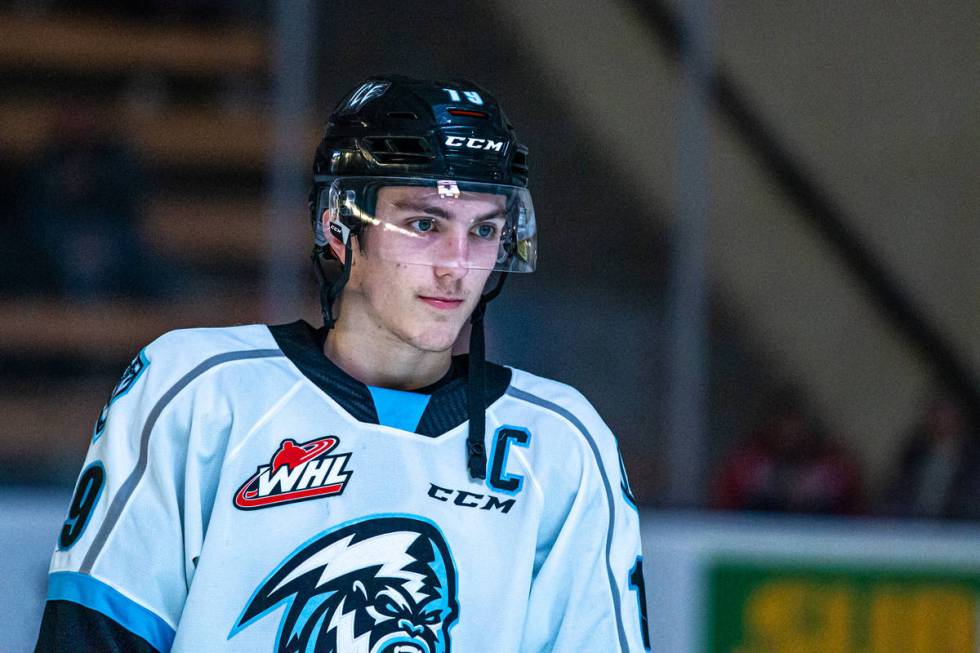 Golden Knights prospect Peyton Krebs stands on the ice for his major junior team, the Winnipeg ...