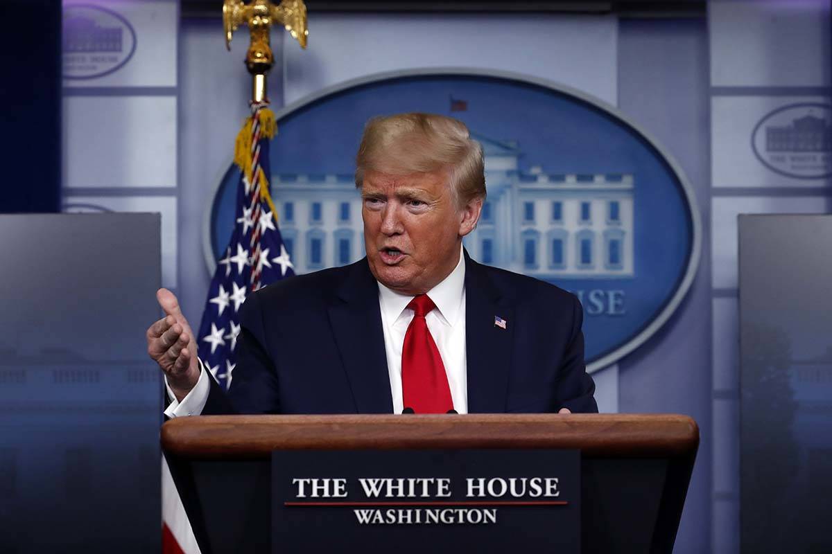 President Donald Trump speaks about the coronavirus in the James Brady Press Briefing Room of t ...