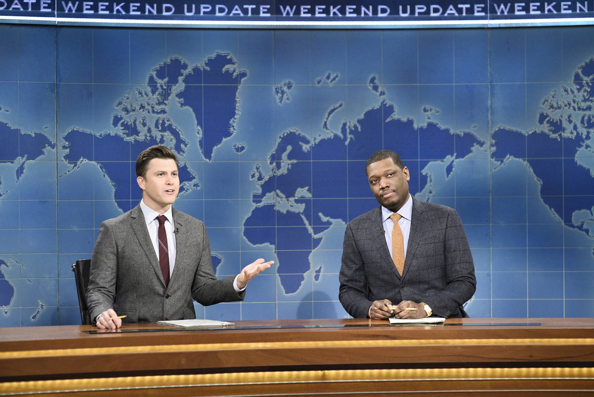 This Feb. 29, 2020 photo released by NBC shows Colin Jost, left, and Michael Che during the Wee ...