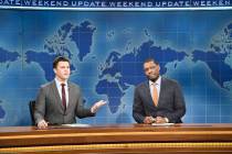 This Feb. 29, 2020 photo released by NBC shows Colin Jost, left, and Michael Che during the Wee ...