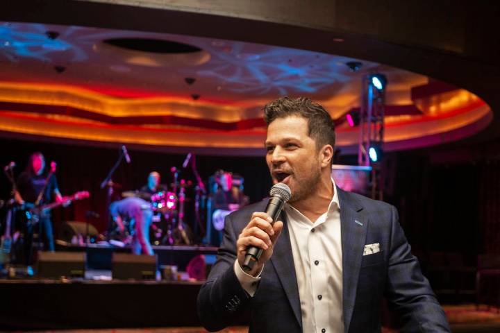 Host Mark Shunock speaks during an event to say goodbye to the Hard Rock Hotel on Saturday, Feb ...