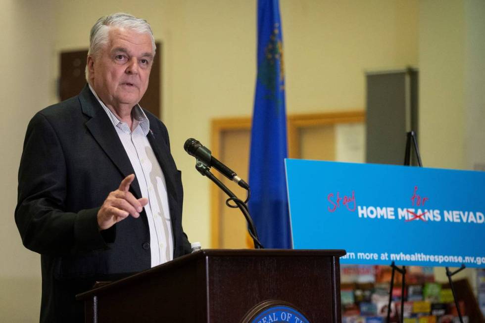 Gov. Steve Sisolak speaks during a press conference to announce the closure of all non-essentia ...