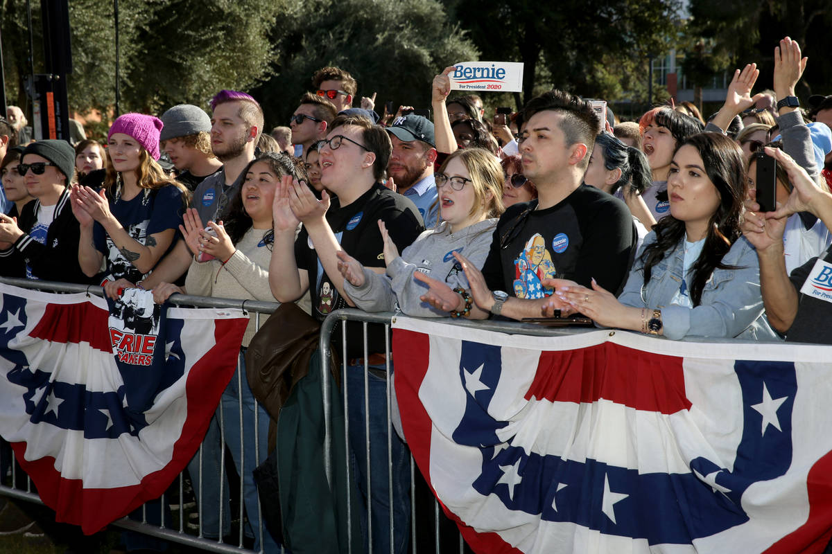 Supporters cheer during a Get Out the Early Vote Rally for Vermont Sen. Bernie Sanders at the U ...