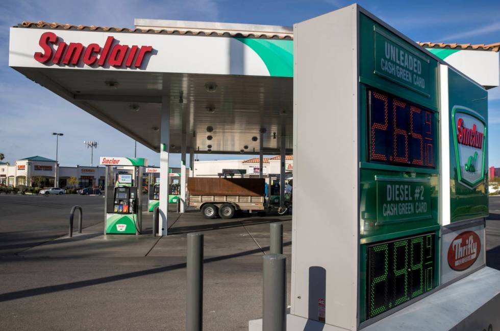 Nevada gas prices still higher than the national average like this Sinclair station along Tropi ...