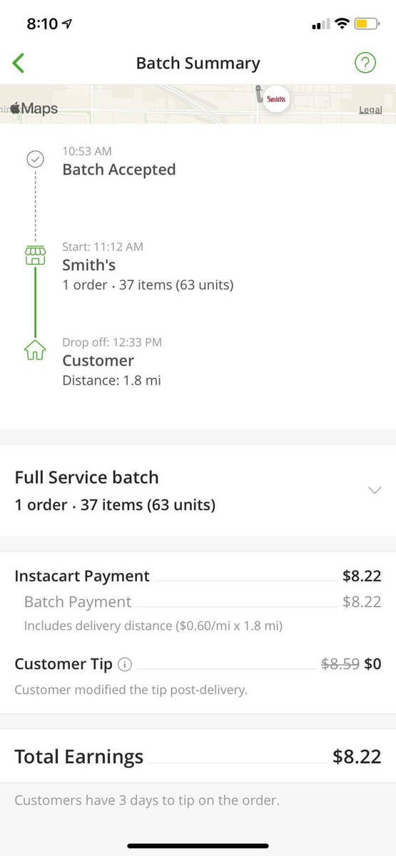 An $8.59 tip was changed to a $0 tip post-delivery on a Wednesday, April 8, 2020 order for Las ...