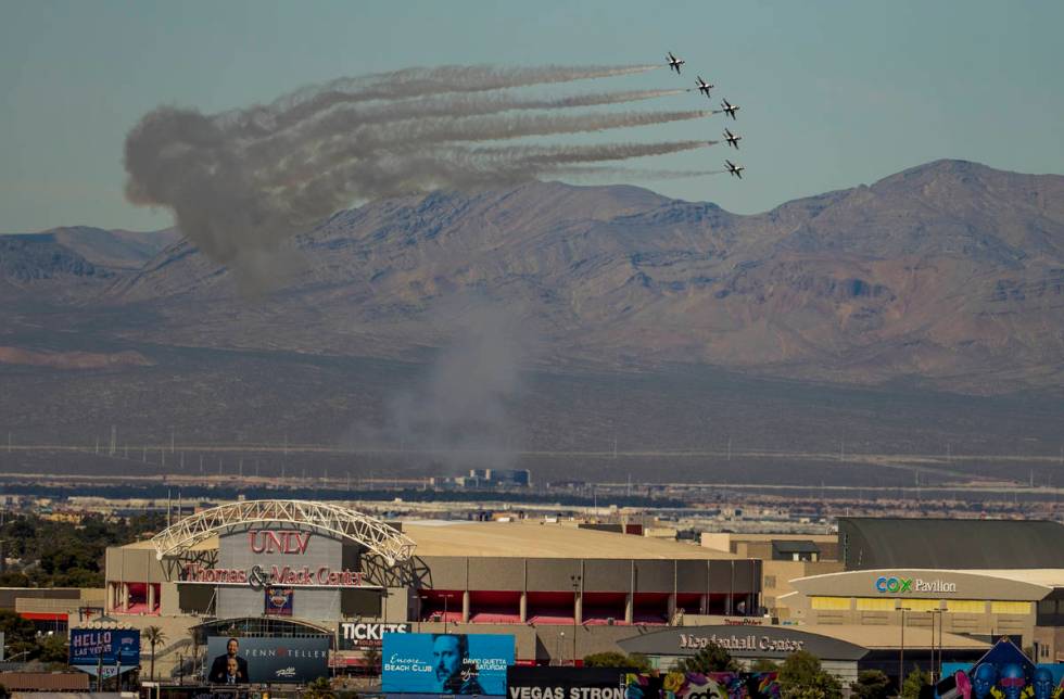 The U.S. Air Force Air Demonstration Squadron ÒThunderbirdsÓ soar past UNLV during th ...