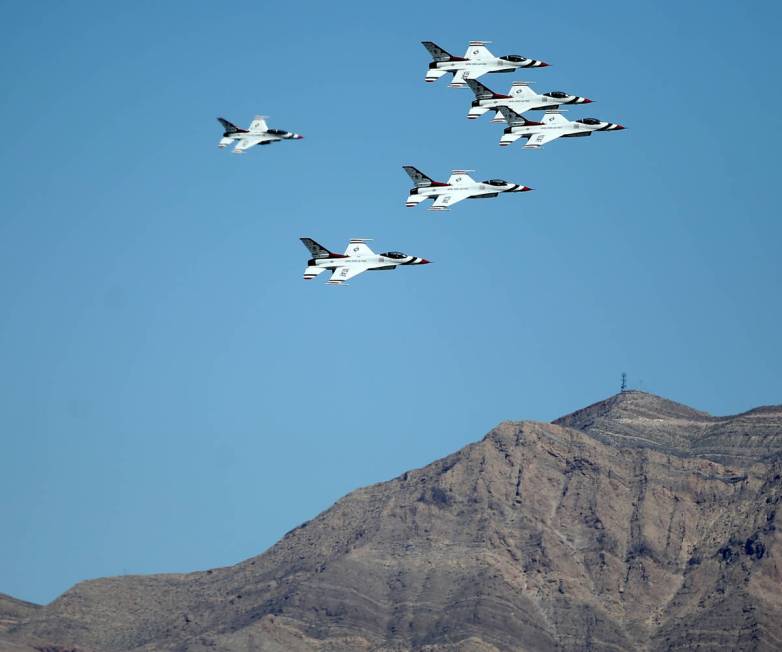 U.S. Air Force Air Thunderbirds perform a flyover in Las Vegas to honor front line COVID-19 res ...