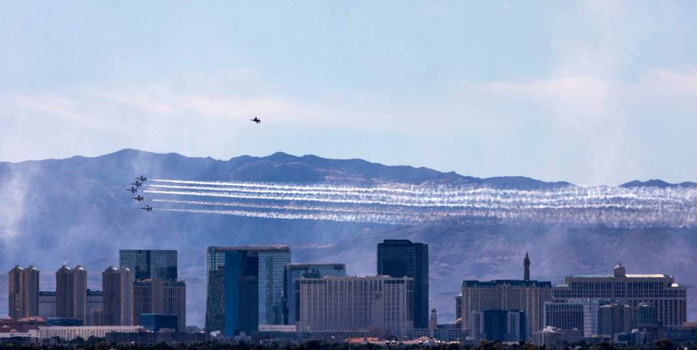 The U.S. Air Force Air Demonstration Squadron, the “Thunderbirds,” flies over the ...