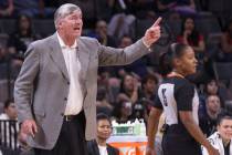 Las Vegas Aces head coach Bill Laimbeer makes a defensive call in the second quarter during Veg ...