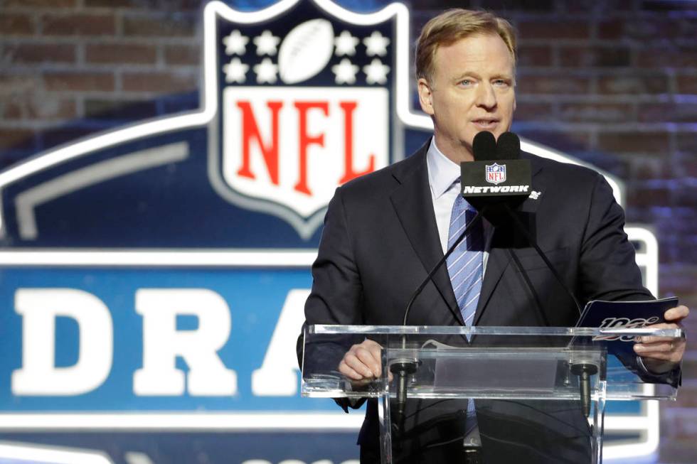 FILE - In this April 25, 2019, file photo, NFL Commissioner Roger Goodell speaks ahead of the f ...